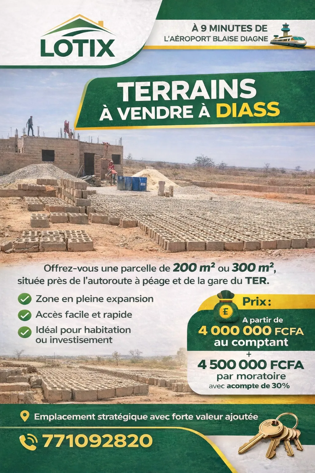 Terrains de 200m2 et 300m2 à Diass, sortie 13 du péage, 8 minutes de l'aéroport