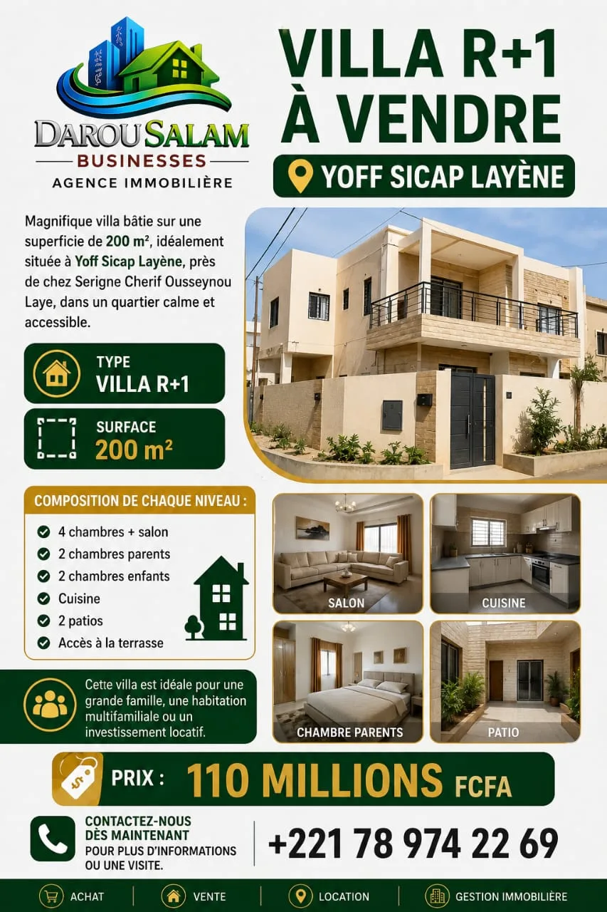 Villa R+1 à vendre – Yoff Sicap Layène