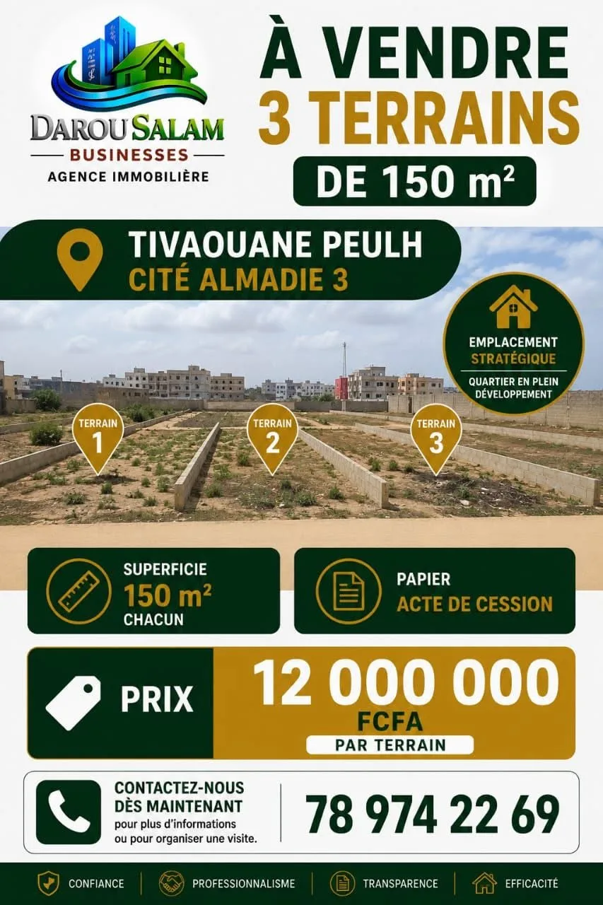 À VENDRE – 3 TERRAINS À TIVAOUANE PEULH